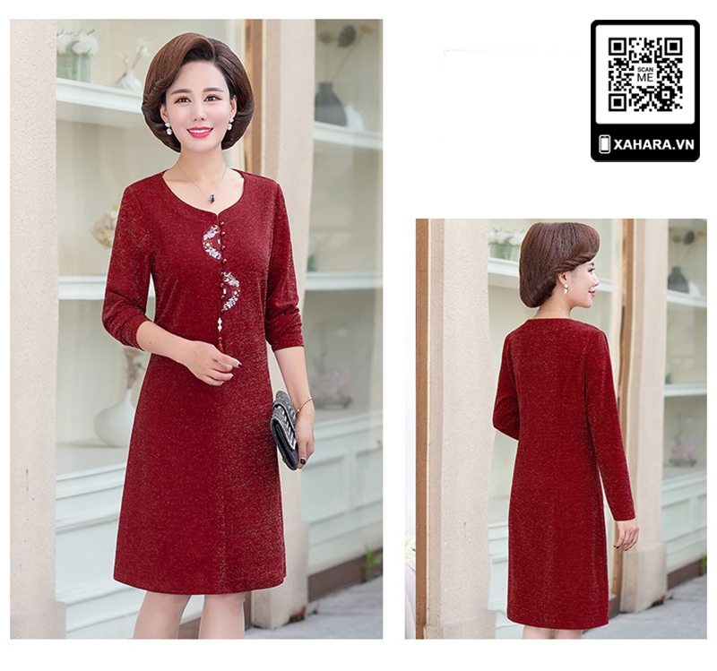 Đầm thu đông đẹp cho phụ nữ trung niên tay dài tôn dáng đỏ